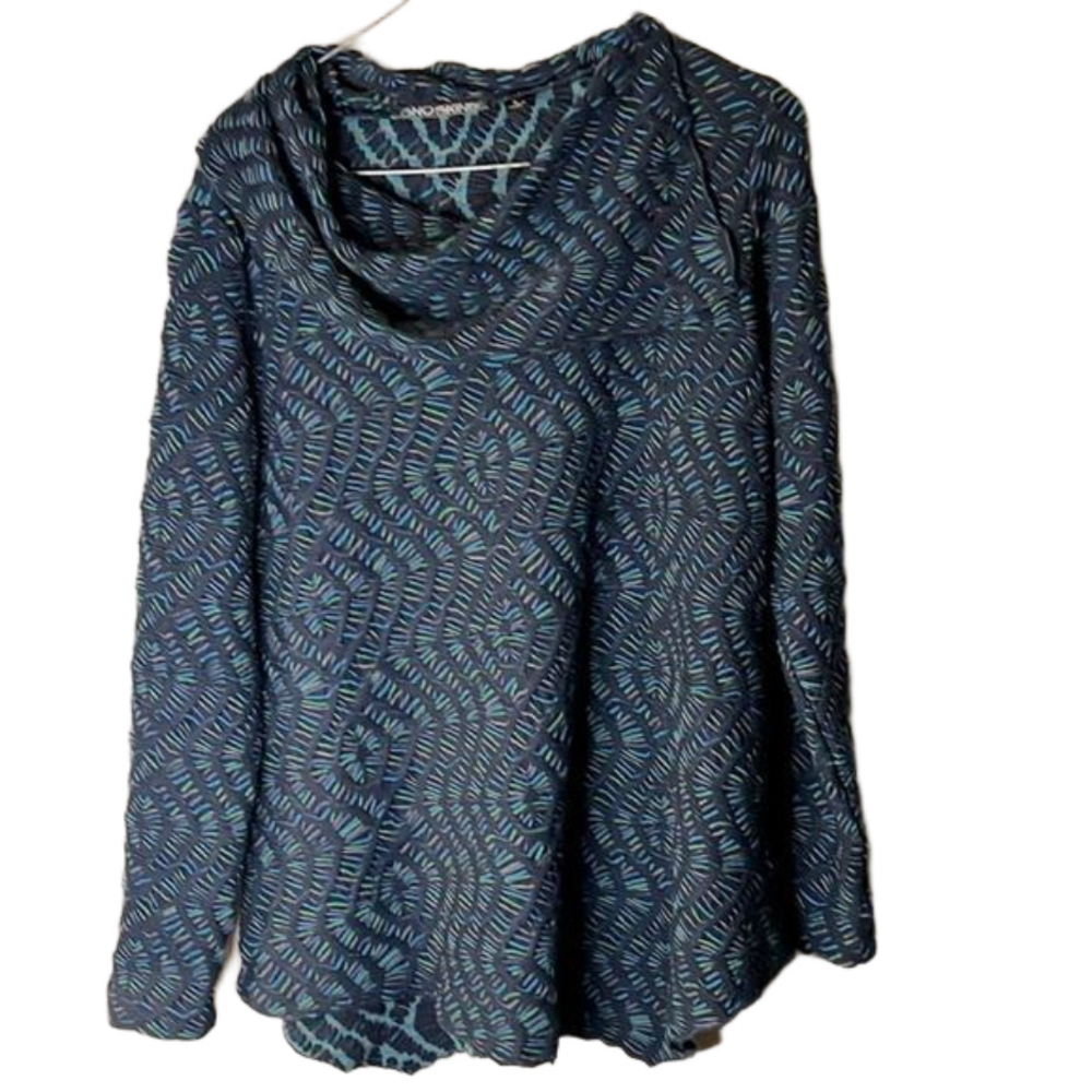 69 Sno Skins Navy Kaleidoscope Cowl Neck Sweater Size LARGE Made In USA